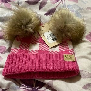 C.C. Baby Pink Check Pom-Pom Knit Hat for Kids